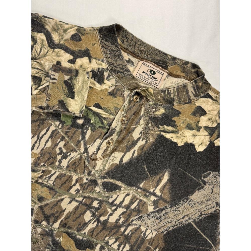 Vintage Mossy Oak Camo Henley Shirt Mens XL Long Sleeve Cotton Made in USA 0025